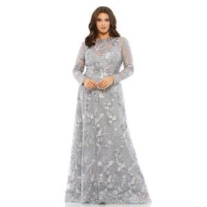 Mac Duggal Platinum Gray Sequin Floral Embroidered Long Sleeve Gown Sz 18 Formal